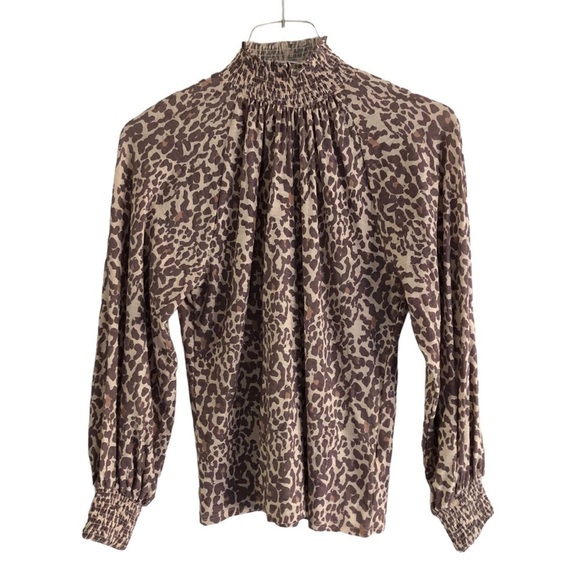 Nation LTD Melanie Leopard Print Pima Cotton Cream Brown Smocked Top Size XS - Picture 6 of 11